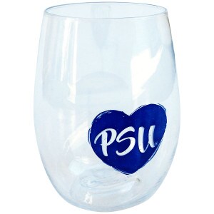 plastic stemless wine glass with PSU reversed inside navy heart